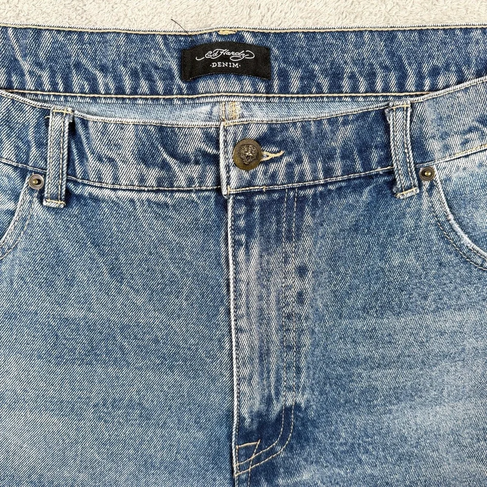 Ed Hardy Mens 40 Blue Denim Snake Panther Embroidered Raw Hem Jean Shorts Jorts